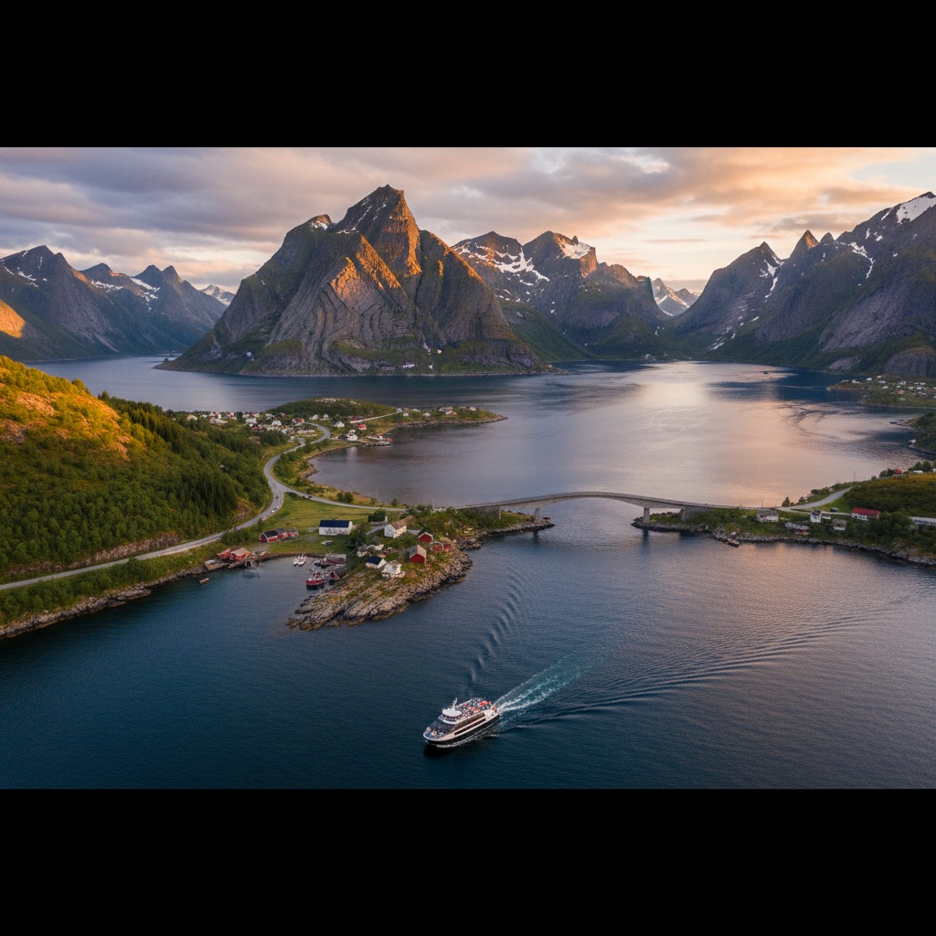 En passasjerbåt seiler gjennom et fjordlandskap i Lofoten med dramatiske fjell, små øyer og en bro i bakgrunnen under en gyllen solnedgang.