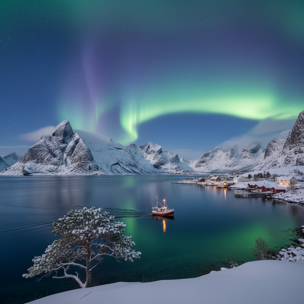 En liten båt seiler på et rolig vann foran snødekte fjell under et fargerikt nordlys.