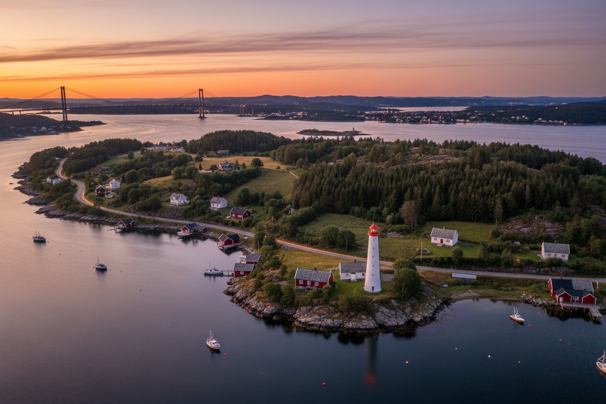 Et fyrtårn står på en grønn øy med røde trehus ved kysten under en fargerik solnedgang, med en stor hengebro i bakgrunnen.